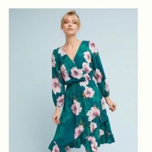 Anthropologie Emerald Floral Faux Wrap Dress